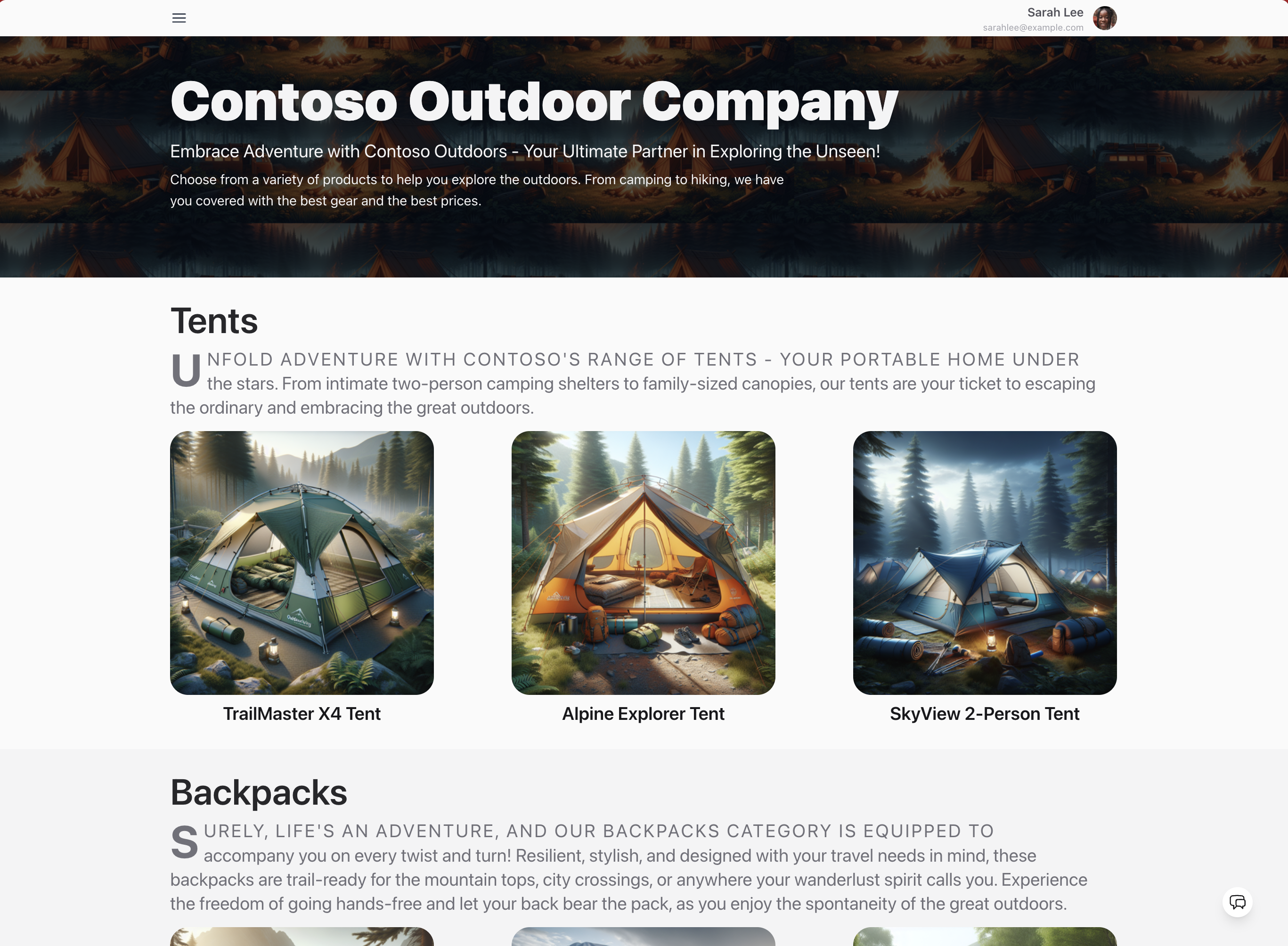 Contoso Outdoors Landing Page